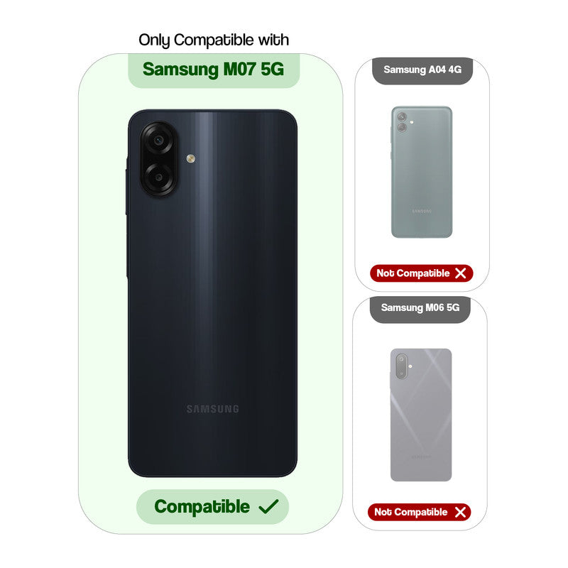 Clear hard back case compatibility guide showing fit for Samsung M07 and not compatible with other models