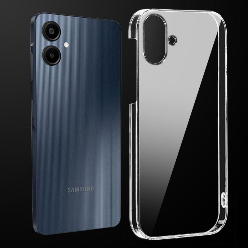 Transparent anti-yellow hard back case fitted on Samsung M07 showing full back coverage and camera protection