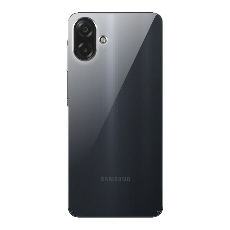 Back view of Samsung M07 showing camera module and clean rear design with protective case