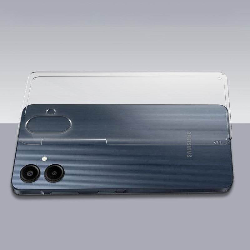 Transparent hard back case being installed on Samsung M07 showing perfect alignment and camera protection fit