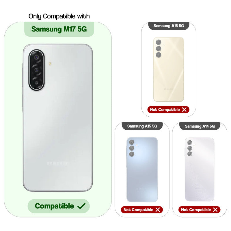 Compatibility guide showing the back cover designed only for Samsung M17 5G.