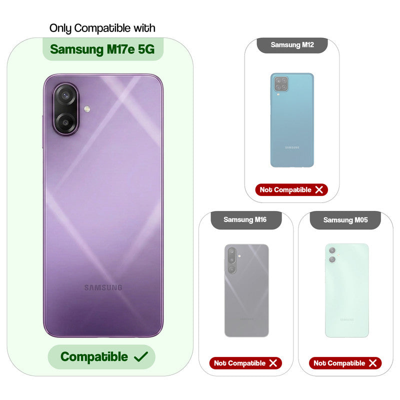 Compatibility guide showing the back cover designed only for Samsung M17e 5G.