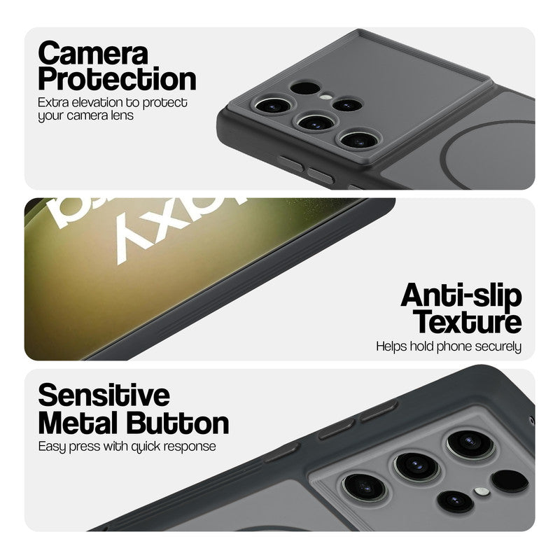 Black Phone case for Samsung S23 Ultra 5G highlighting raised camera protection, anti-slip texture, and responsive side buttons