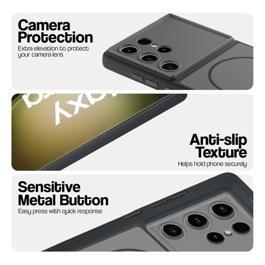 Black Phone case for Samsung S23 Ultra 5G highlighting raised camera protection, anti-slip texture, and responsive side buttons