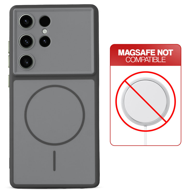 Dual tone silicone Black phone cover for Samsung S23 Ultra 5G showing wireless charging not supported notice