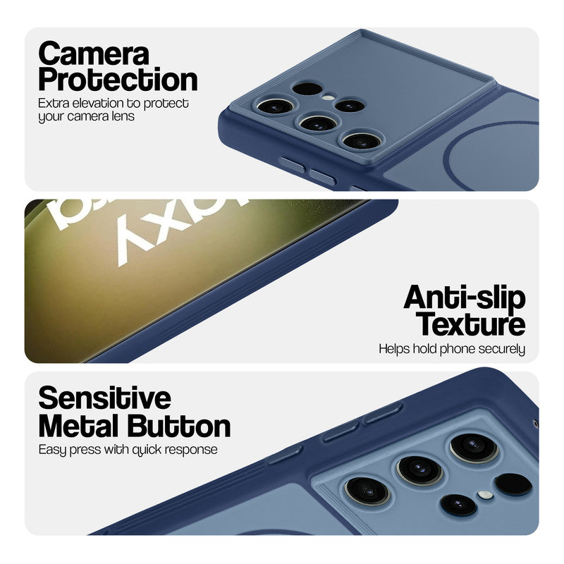 Blue Phone case for Samsung S23 Ultra 5G highlighting raised camera protection, anti-slip texture, and responsive side buttons