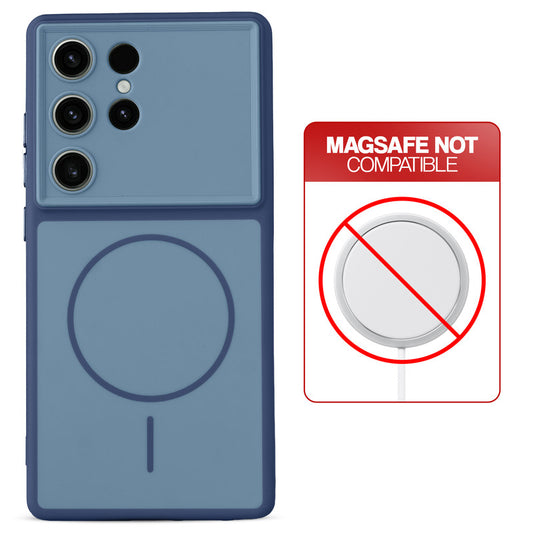 Dual tone silicone Blue phone cover for Samsung S23 Ultra 5G showing wireless charging not supported notice