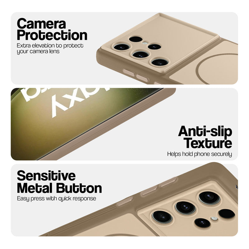 Brown Phone case for Samsung S23 Ultra 5G highlighting raised camera protection, anti-slip texture, and responsive side buttons