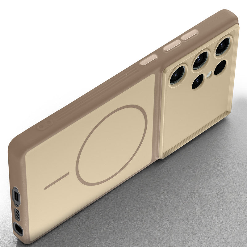 Slim silicone Brown phone case for Samsung S23 Ultra 5G side angle view showing grip texture and precise cutouts