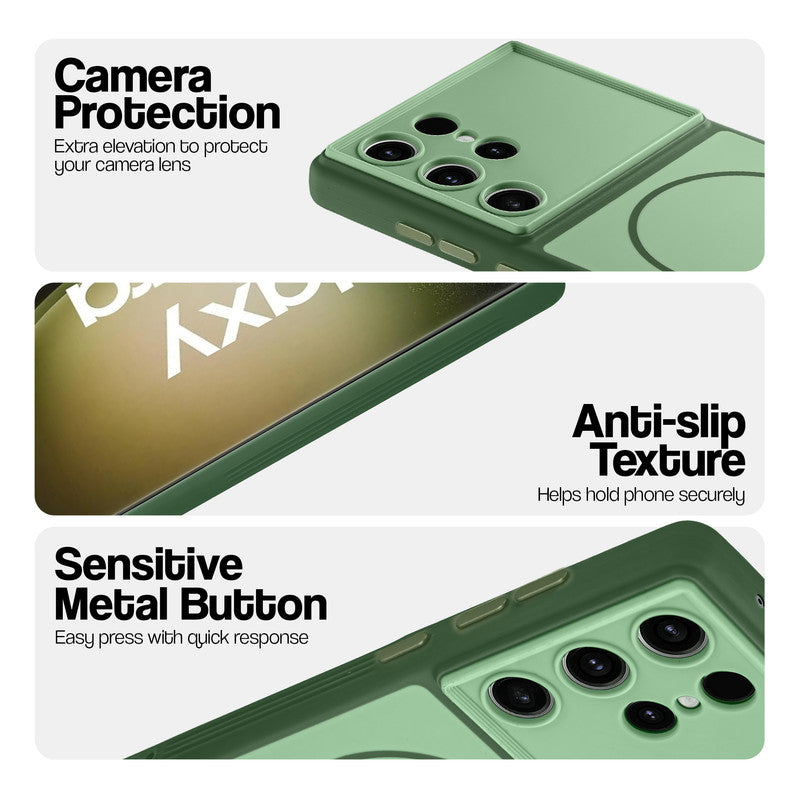Green Phone case for Samsung S23 Ultra 5G highlighting raised camera protection, anti-slip texture, and responsive side buttons