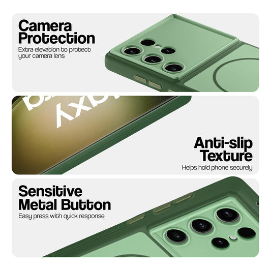 Green Phone case for Samsung S23 Ultra 5G highlighting raised camera protection, anti-slip texture, and responsive side buttons