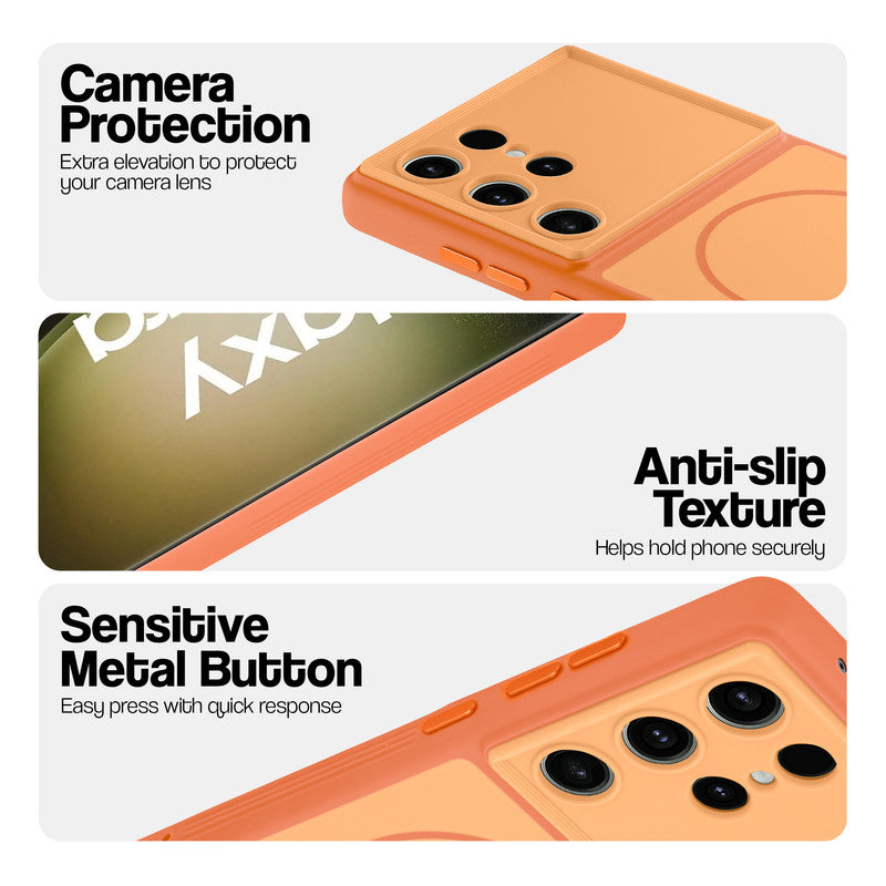 Orange Phone case for Samsung S23 Ultra 5G highlighting raised camera protection, anti-slip texture, and responsive side buttons