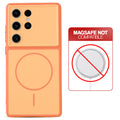 Dual tone silicone Orange phone cover for Samsung S23 Ultra 5G showing wireless charging not supported notice