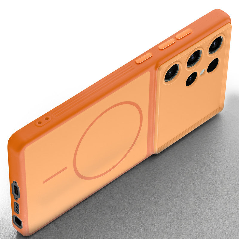 Slim silicone Orange phone case for Samsung S23 Ultra 5G side angle view showing grip texture and precise cutouts
