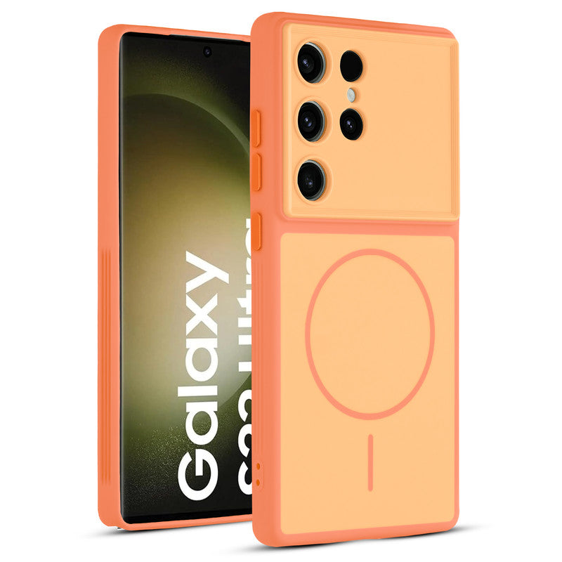 Full protective dual tone Orange silicone case for Samsung S23 Ultra 5G showing front and back design coverage