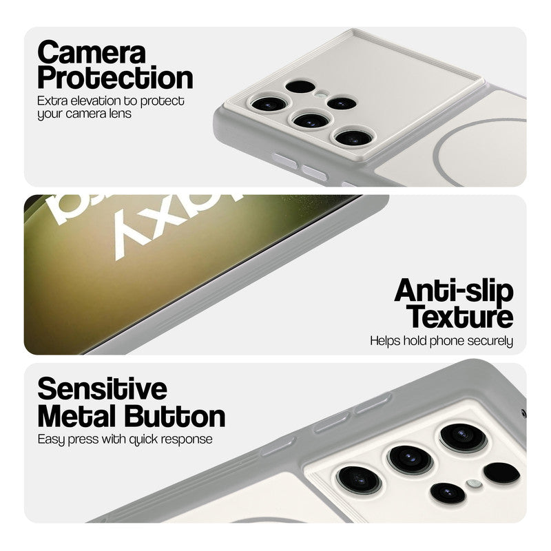White Phone case for Samsung S23 Ultra 5G highlighting raised camera protection, anti-slip texture, and responsive side buttons