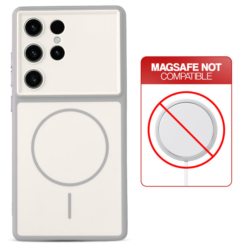 Dual tone silicone White phone cover for Samsung S23 Ultra 5G showing wireless charging not supported notice