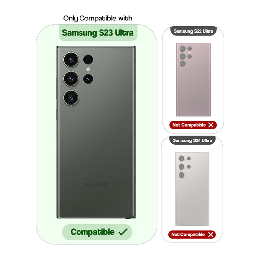 Clear hard back case compatibility guide showing fit for Samsung S23 Ultra 5G and not compatible with other models