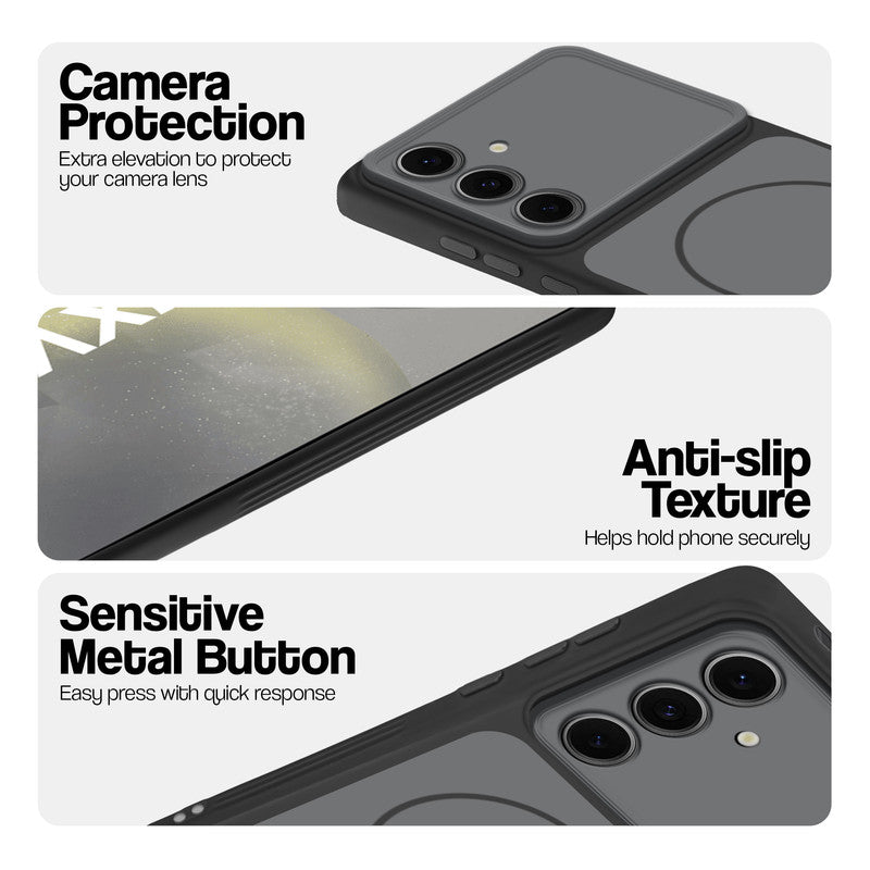 Black Phone case for Samsung S24 5G highlighting raised camera protection, anti-slip texture, and responsive side buttons