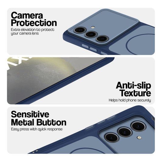 Blue Phone case for Samsung S24 5G highlighting raised camera protection, anti-slip texture, and responsive side buttons