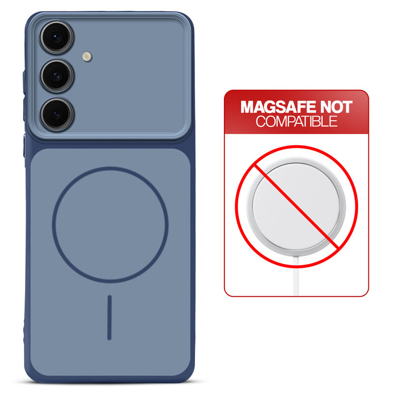 Dual tone silicone Blue phone cover for Samsung S24 5G showing wireless charging not supported notice