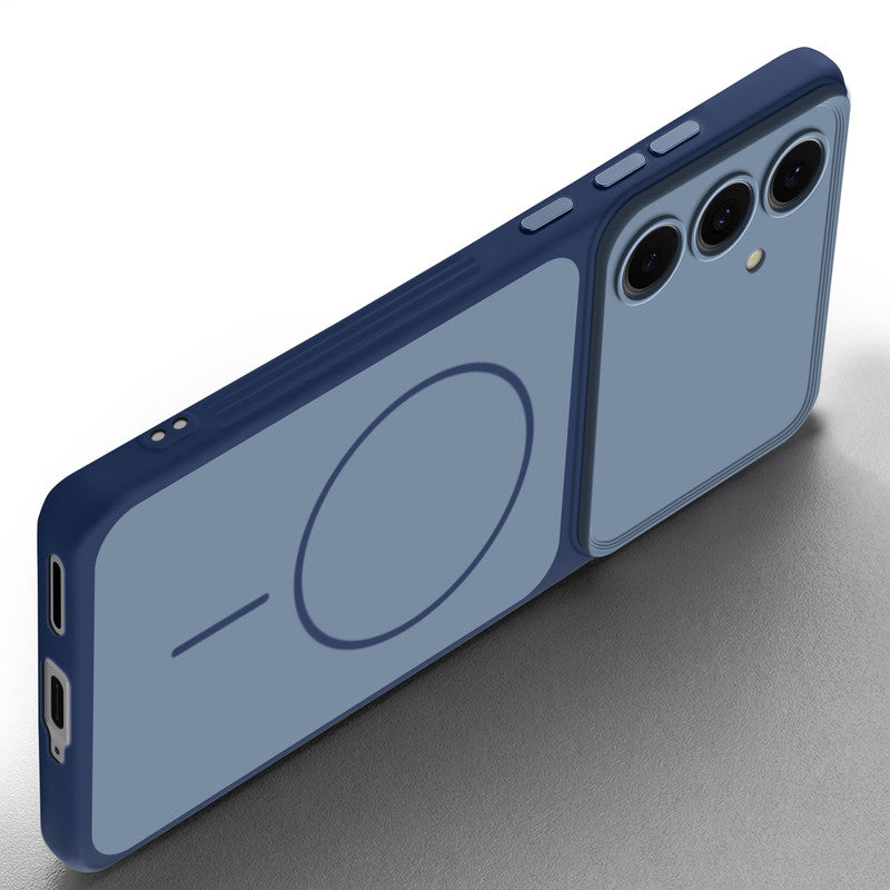Slim silicone Blue phone case for Samsung S24 5G side angle view showing grip texture and precise cutouts