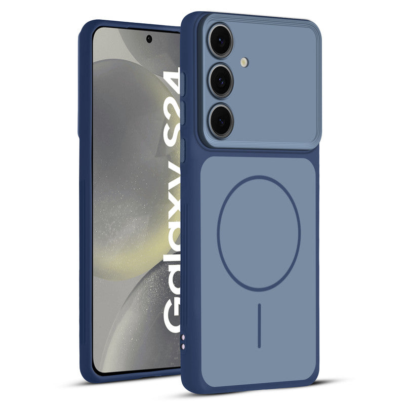 Full protective dual tone Blue silicone case for Samsung S24 5G showing front and back design coverage