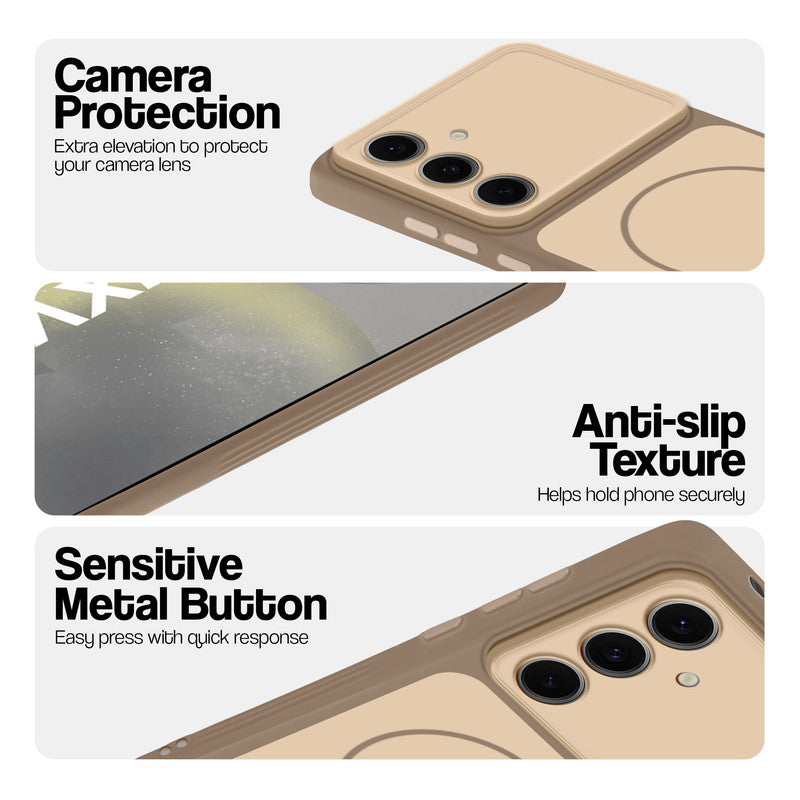Brown Phone case for Samsung S24 5G highlighting raised camera protection, anti-slip texture, and responsive side buttons