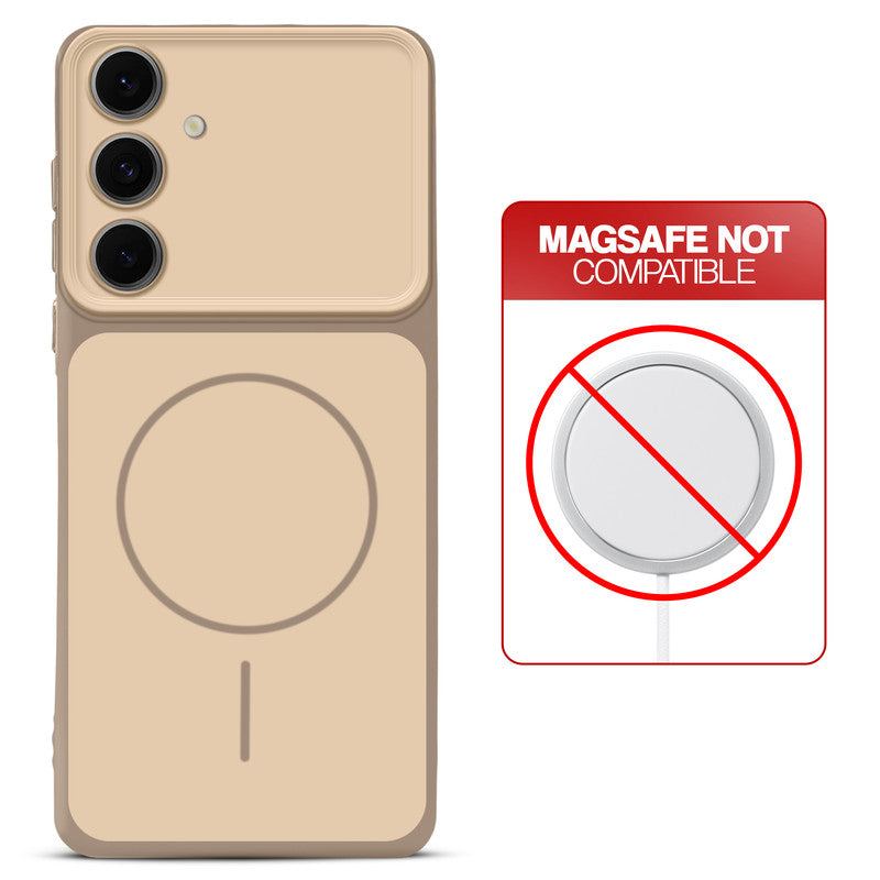 Dual tone silicone Brown phone cover for Samsung S24 5G showing wireless charging not supported notice