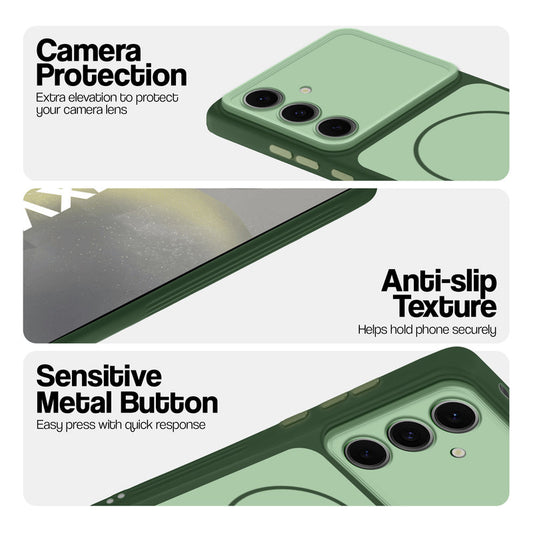 Green Phone case for Samsung S24 5G highlighting raised camera protection, anti-slip texture, and responsive side buttons
