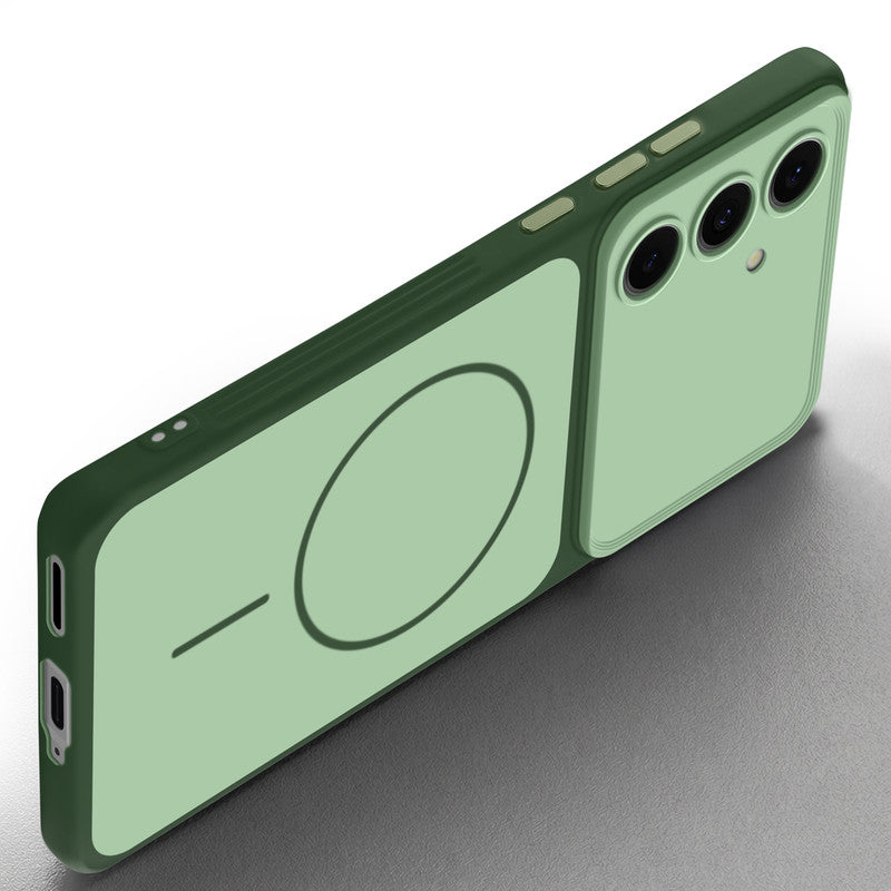 Slim silicone Green phone case for Samsung S24 5G side angle view showing grip texture and precise cutouts