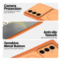 Orange Phone case for Samsung S24 5G highlighting raised camera protection, anti-slip texture, and responsive side buttons