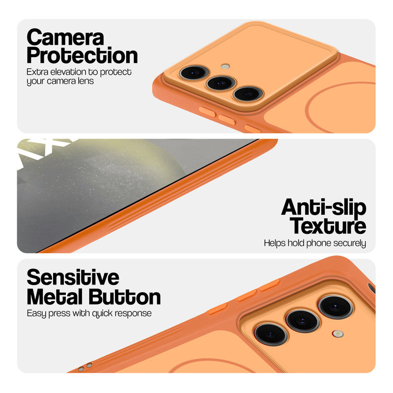 Orange Phone case for Samsung S24 5G highlighting raised camera protection, anti-slip texture, and responsive side buttons