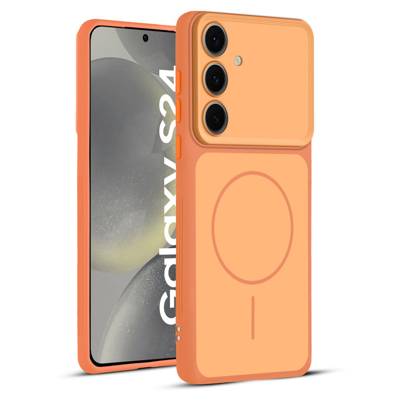 Full protective dual tone Orange silicone case for Samsung S24 5G showing front and back design coverage