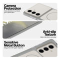 White Phone case for Samsung S24 5G highlighting raised camera protection, anti-slip texture, and responsive side buttons