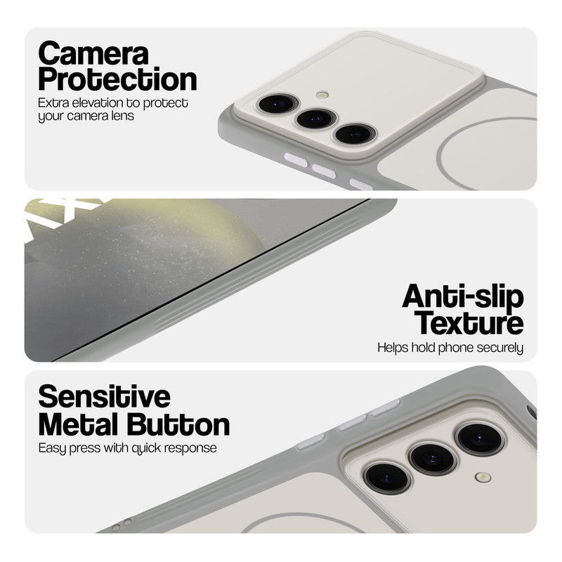 White Phone case for Samsung S24 5G highlighting raised camera protection, anti-slip texture, and responsive side buttons