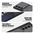 Black Phone case for Samsung S24 FE 5G highlighting raised camera protection, anti-slip texture, and responsive side buttons