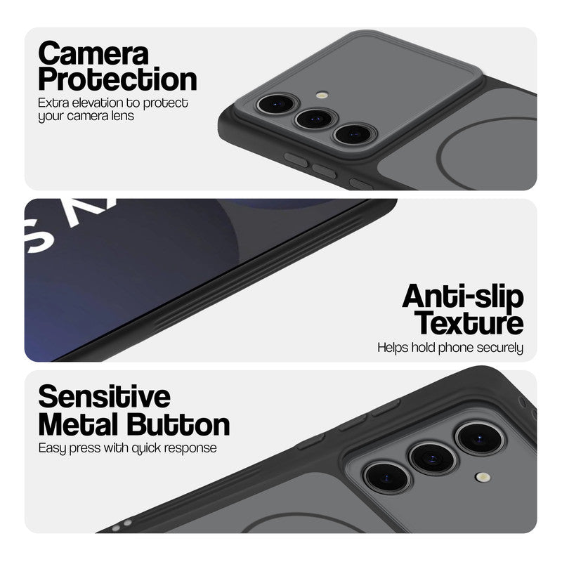 Black Phone case for Samsung S24 FE 5G highlighting raised camera protection, anti-slip texture, and responsive side buttons