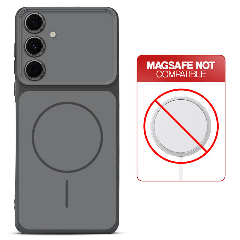 Dual tone silicone Black phone cover for Samsung S24 FE 5G showing wireless charging not supported notice