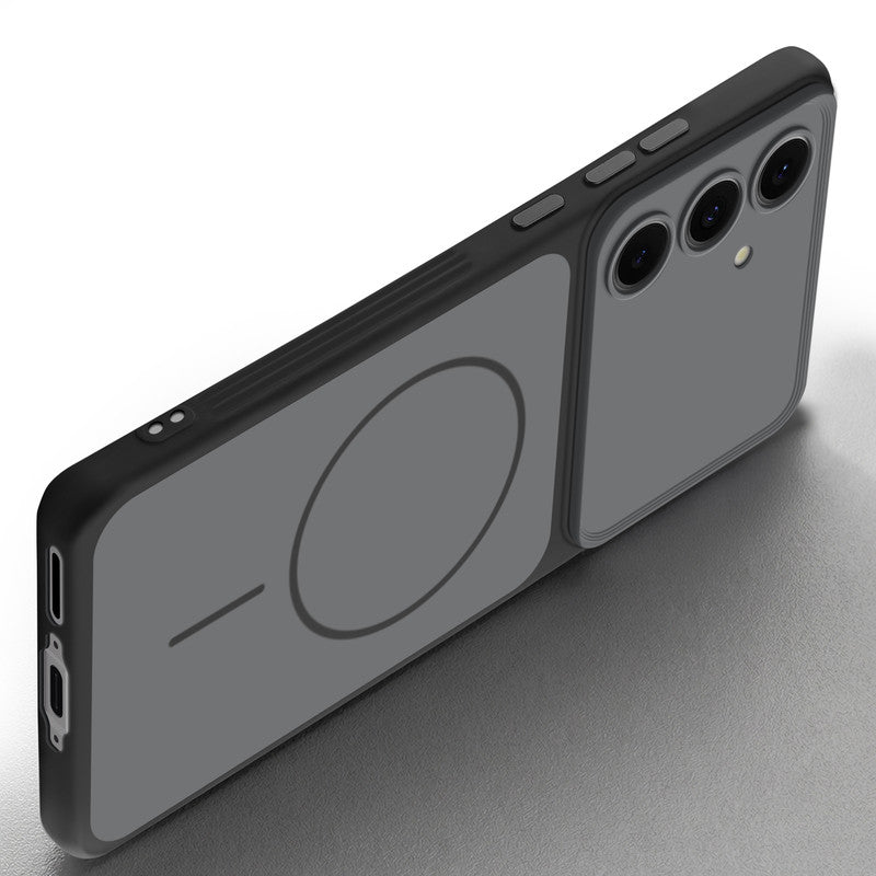 Slim silicone Black phone case for Samsung S24 FE 5G side angle view showing grip texture and precise cutouts