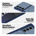 Blue Phone case for Samsung S24 FE 5G highlighting raised camera protection, anti-slip texture, and responsive side buttons