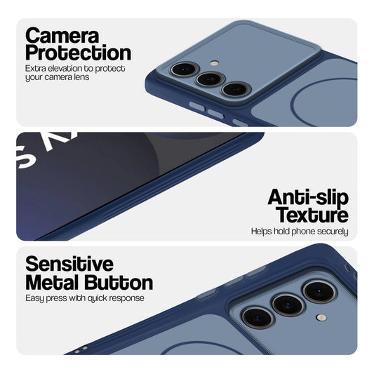 Blue Phone case for Samsung S24 FE 5G highlighting raised camera protection, anti-slip texture, and responsive side buttons