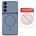 Dual tone silicone Blue phone cover for Samsung S24 FE 5G showing wireless charging not supported notice