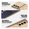 Brown Phone case for Samsung S24 FE 5G highlighting raised camera protection, anti-slip texture, and responsive side buttons