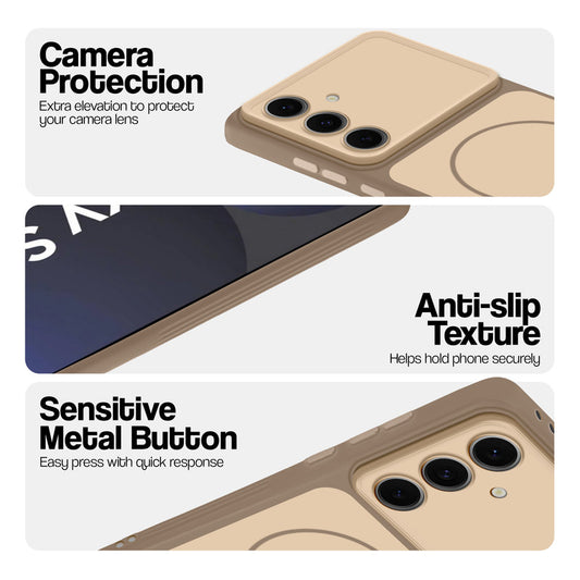 Brown Phone case for Samsung S24 FE 5G highlighting raised camera protection, anti-slip texture, and responsive side buttons