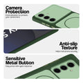 Green Phone case for Samsung S24 FE 5G highlighting raised camera protection, anti-slip texture, and responsive side buttons