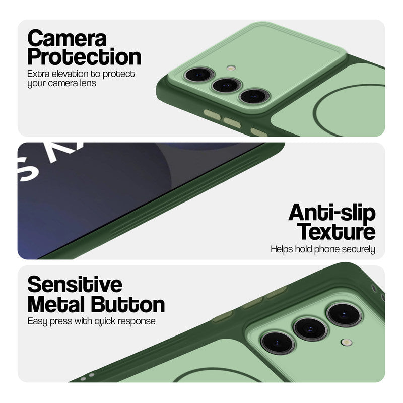 Green Phone case for Samsung S24 FE 5G highlighting raised camera protection, anti-slip texture, and responsive side buttons