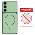 Dual tone silicone Green phone cover for Samsung S24 FE 5G showing wireless charging not supported notice