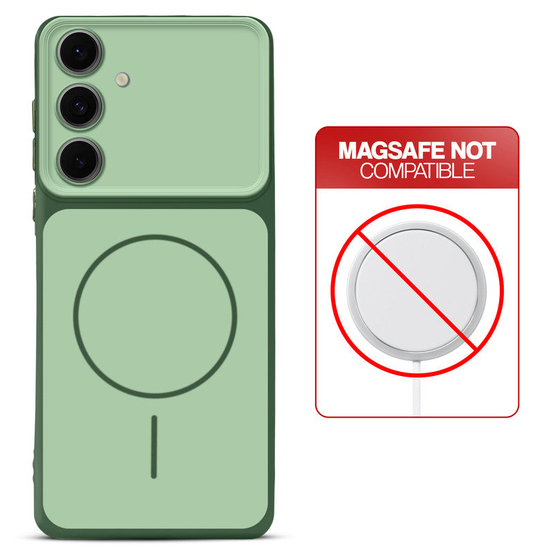 Dual tone silicone Green phone cover for Samsung S24 FE 5G showing wireless charging not supported notice