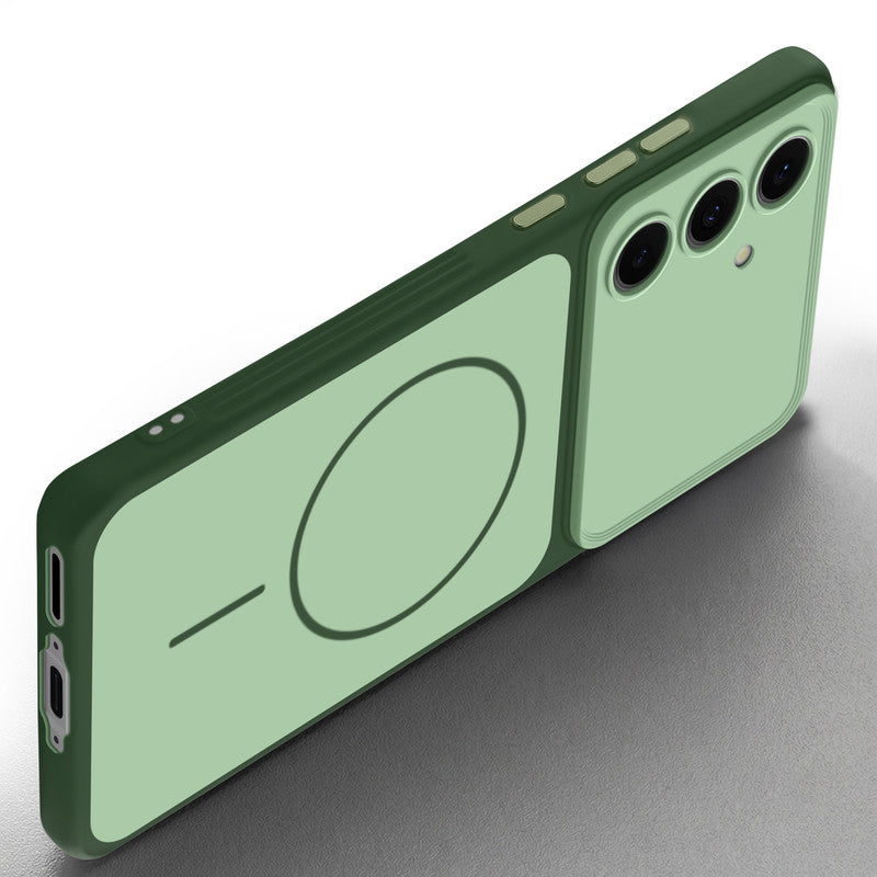 Slim silicone Green phone case for Samsung S24 FE 5G side angle view showing grip texture and precise cutouts